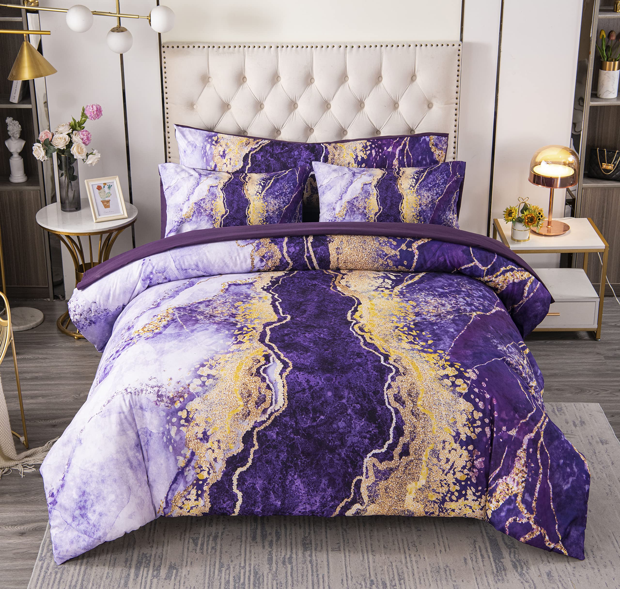 Perfemet Purple Comforter Set California King 6 Pieces Colorful Marble Patterned Bedding Comforter With Sheets Watercolor Abstra